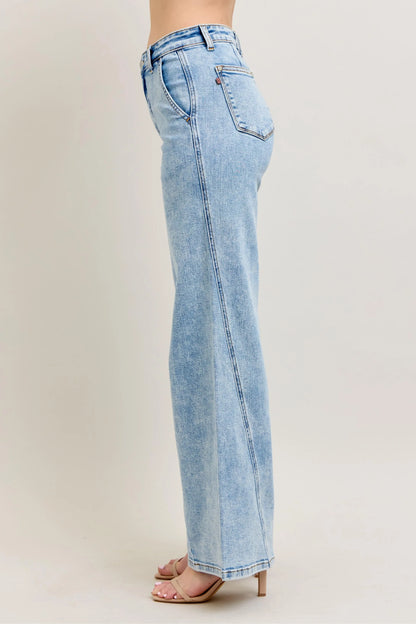Judy Blue Full Size High Waist Wide Leg Jeans with Skewed Inseam plus Size in LT view 3 - High-Waisted (bottom)
