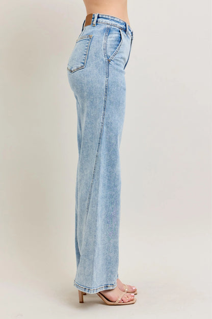 Judy Blue Full Size High Waist Wide Leg Jeans with Skewed Inseam plus Size in LT view 4 - High-Waisted (bottom)