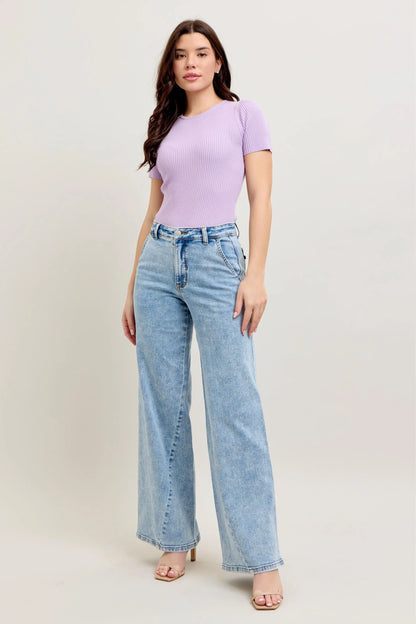 Judy Blue Full Size High Waist Wide Leg Jeans with Skewed Inseam plus Size in LT view 5 - High-Waisted (bottom)