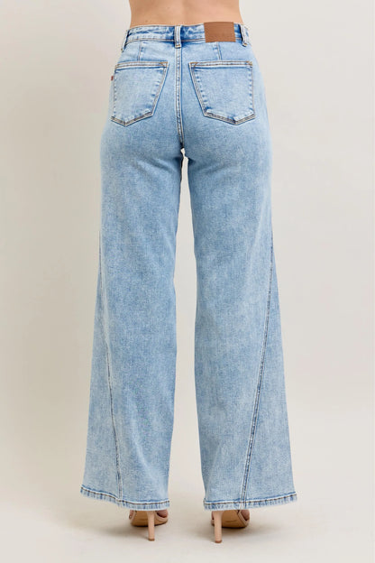 Judy Blue Full Size High Waist Wide Leg Jeans with Skewed Inseam plus Size in LT view 6 - High-Waisted (bottom)