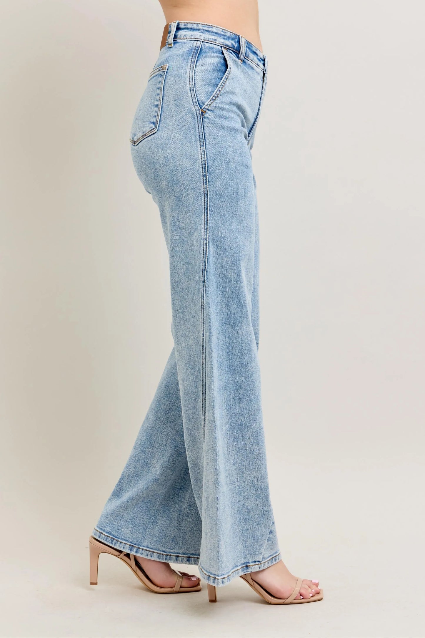 Judy Blue Full Size High Waist Wide Leg Jeans with Skewed Inseam plus Size in LT view 7 - High-Waisted (bottom)