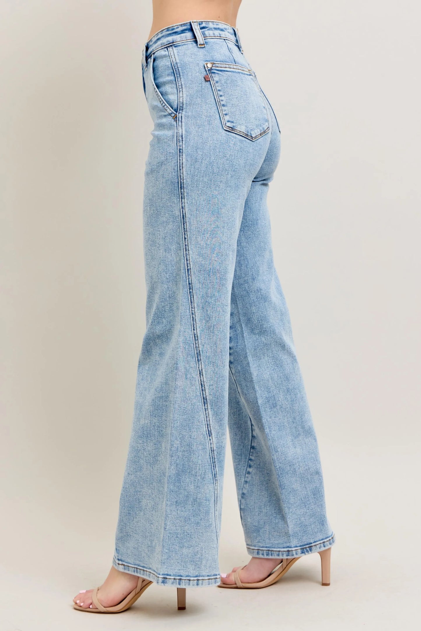 Judy Blue Full Size High Waist Wide Leg Jeans with Skewed Inseam plus Size in LT view 8 - High-Waisted (bottom)