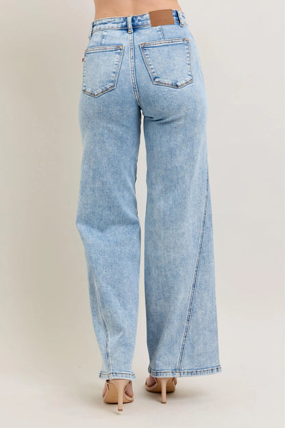 Judy Blue Full Size High Waist Wide Leg Jeans with Skewed Inseam plus Size in LT view 9 - High-Waisted (bottom)