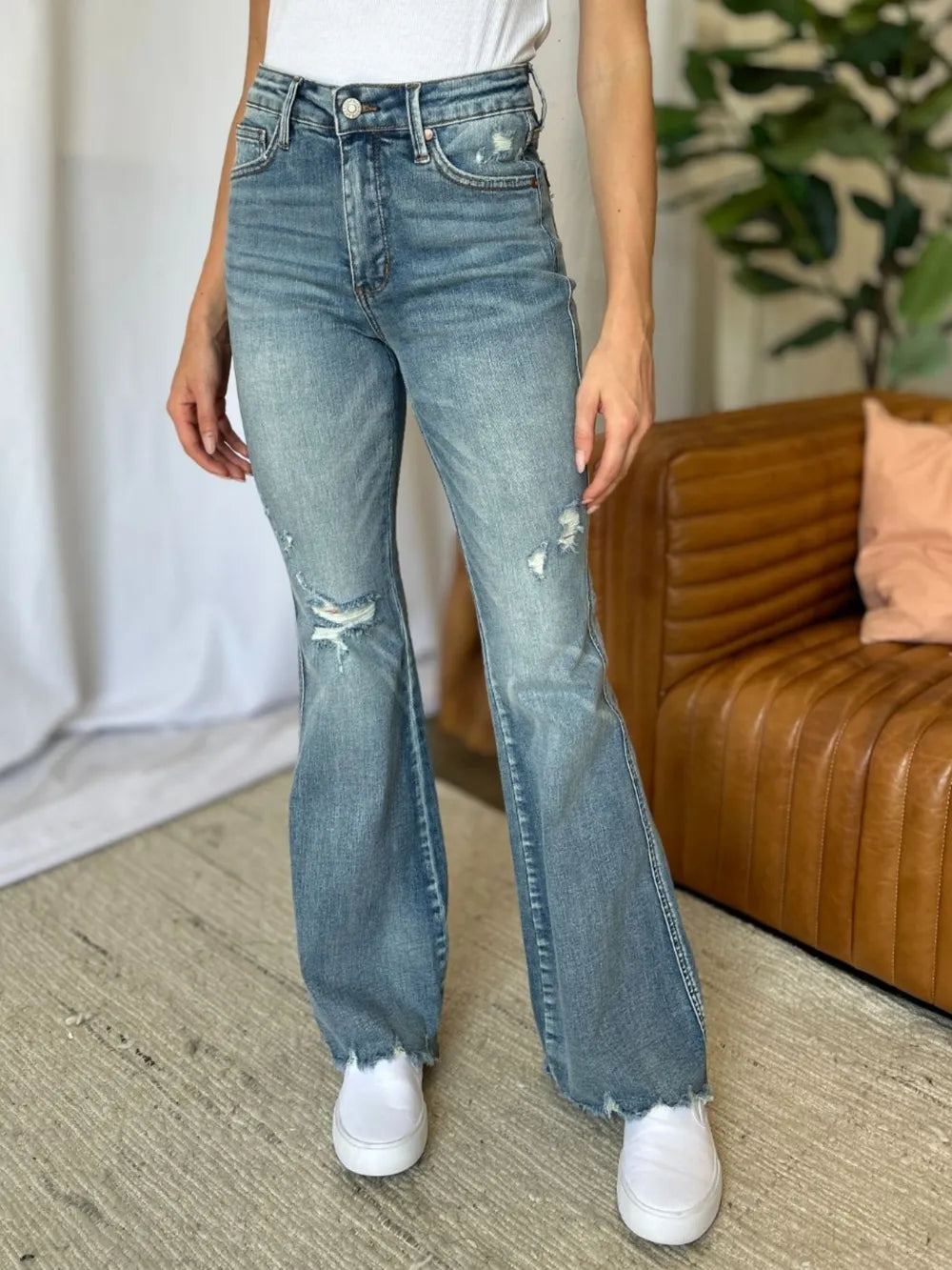 Judy Blue Full Size Medium Rise Tummy Control Destroy Flare - MeeeShop Women's Fashion