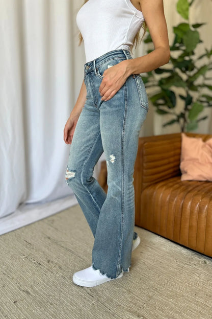 Judy Blue Full Size Medium Rise Tummy Control Destroy Flare - MeeeShop Women's Fashion
