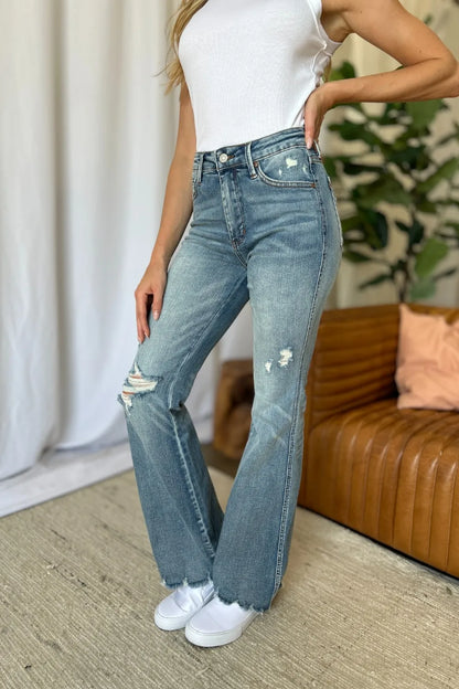 Judy Blue Full Size Medium Rise Tummy Control Destroy Flare - MeeeShop Women's Fashion