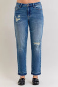 Judy Blue Full Size Mid Rise Bf Patch & Repair Destroy Release Hem Jeans plus Size MD (bottom) - shop at us.meeeshop