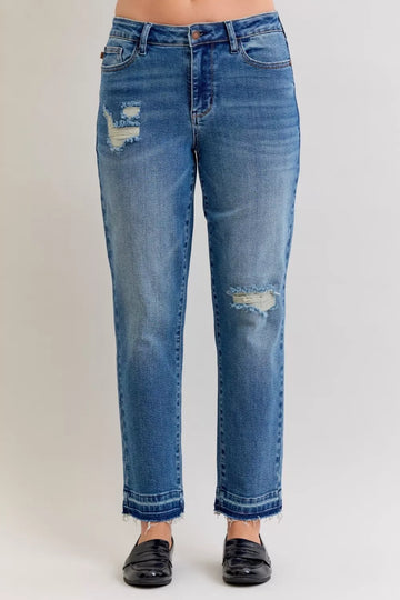 Judy Blue Full Size Mid Rise Bf Patch & Repair Destroy Release Hem Jeans plus Size - MeeeShop Women's Fashion