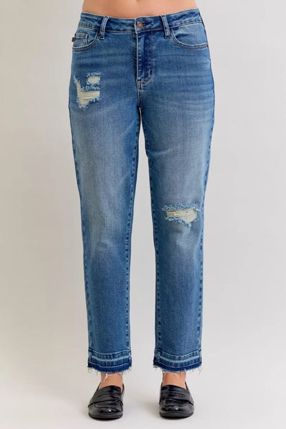 Judy Blue Full Size Mid Rise Bf Patch & Repair Destroy Release Hem Jeans plus Size - MeeeShop Women's Fashion