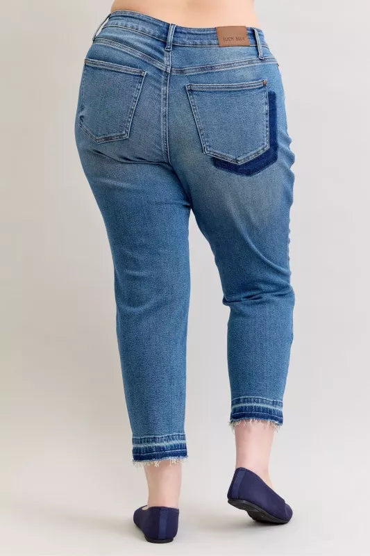 Judy Blue Full Size Mid Rise Bf Patch & Repair Destroy Release Hem Jeans plus Size - MeeeShop Women's Fashion