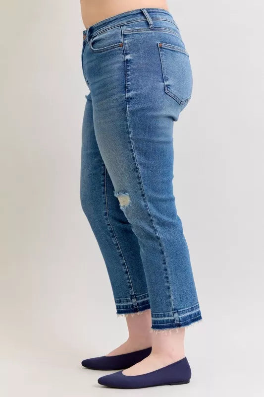 Judy Blue Full Size Mid Rise Bf Patch & Repair Destroy Release Hem Jeans plus Size - MeeeShop Women's Fashion