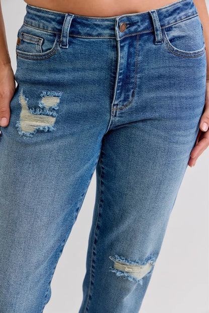 Judy Blue Full Size Mid Rise Bf Patch & Repair Destroy Release Hem Jeans plus Size - MeeeShop Women's Fashion