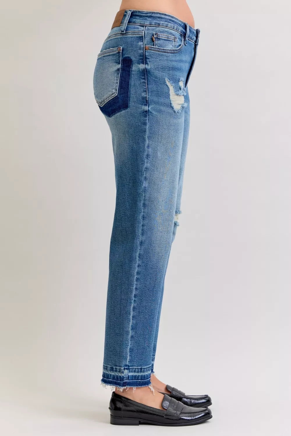 Judy Blue Full Size Mid Rise Bf Patch & Repair Destroy Release Hem Jeans plus Size - MeeeShop Women's Fashion