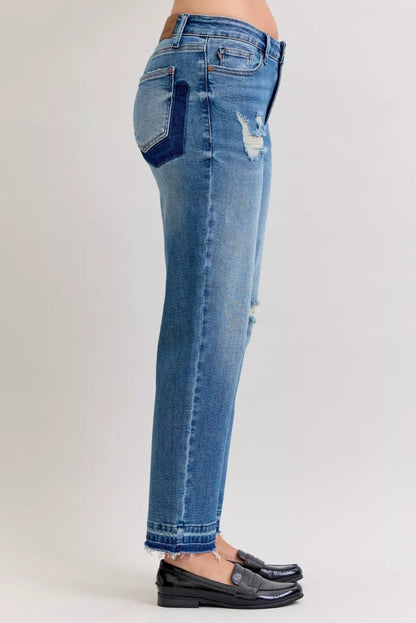 Judy Blue Full Size Mid Rise Bf Patch & Repair Destroy Release Hem Jeans plus Size - MeeeShop Women's Fashion