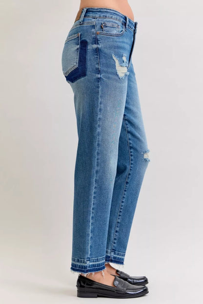 Judy Blue Full Size Mid Rise Bf Patch & Repair Destroy Release Hem Jeans plus Size - MeeeShop Women's Fashion