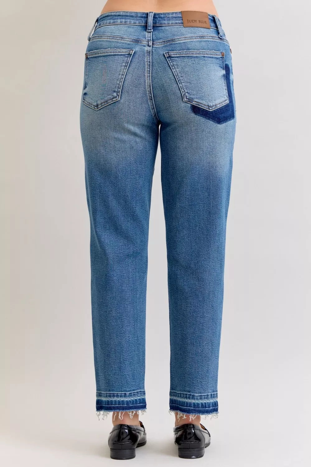 Judy Blue Full Size Mid Rise Bf Patch & Repair Destroy Release Hem Jeans plus Size - MeeeShop Women's Fashion