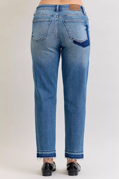 Judy Blue Full Size Mid Rise Bf Patch & Repair Destroy Release Hem Jeans plus Size - MeeeShop Women's Fashion