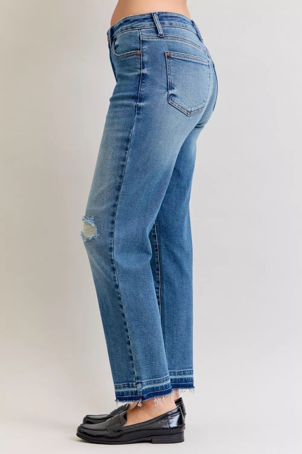 Judy Blue Full Size Mid Rise Bf Patch & Repair Destroy Release Hem Jeans plus Size - MeeeShop Women's Fashion