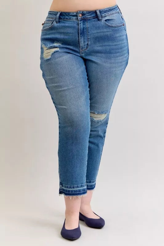 Judy Blue Full Size Mid Rise Bf Patch & Repair Destroy Release Hem Jeans plus Size - MeeeShop Women's Fashion
