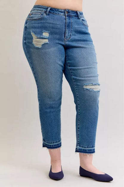 Judy Blue Full Size Mid Rise Bf Patch & Repair Destroy Release Hem Jeans plus Size - MeeeShop Women's Fashion