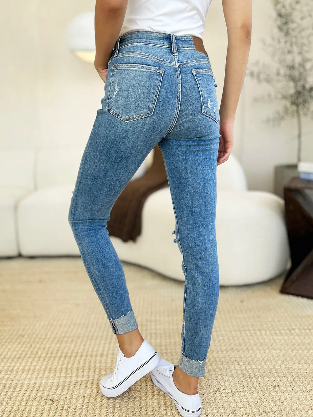 Judy Blue Full Size Mid Rise Destroy & Cuff Skinny Jeans Medium view 10 (bottom) - judy blue jeans, jud - shop at us.meeeshop