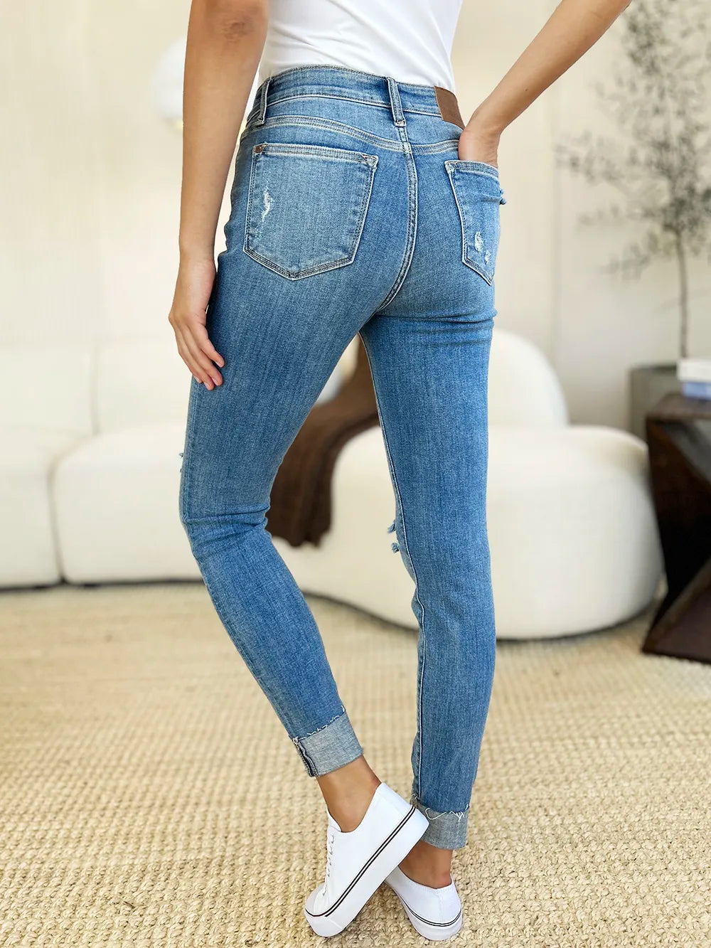 Judy Blue Full Size Mid Rise Destroy & Cuff Skinny Jeans Medium view 11 (bottom) - judy blue jeans, jud - shop at us.meeeshop