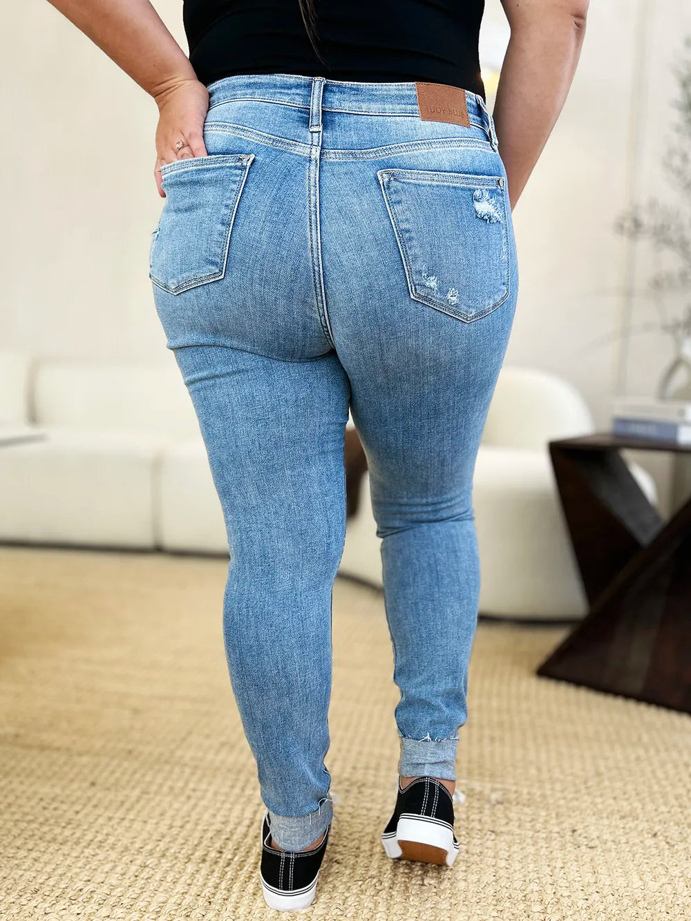 Judy Blue Full Size Mid Rise Destroy & Cuff Skinny Jeans Medium view 3 (bottom) - judy blue jeans, judy - shop at us.meeeshop