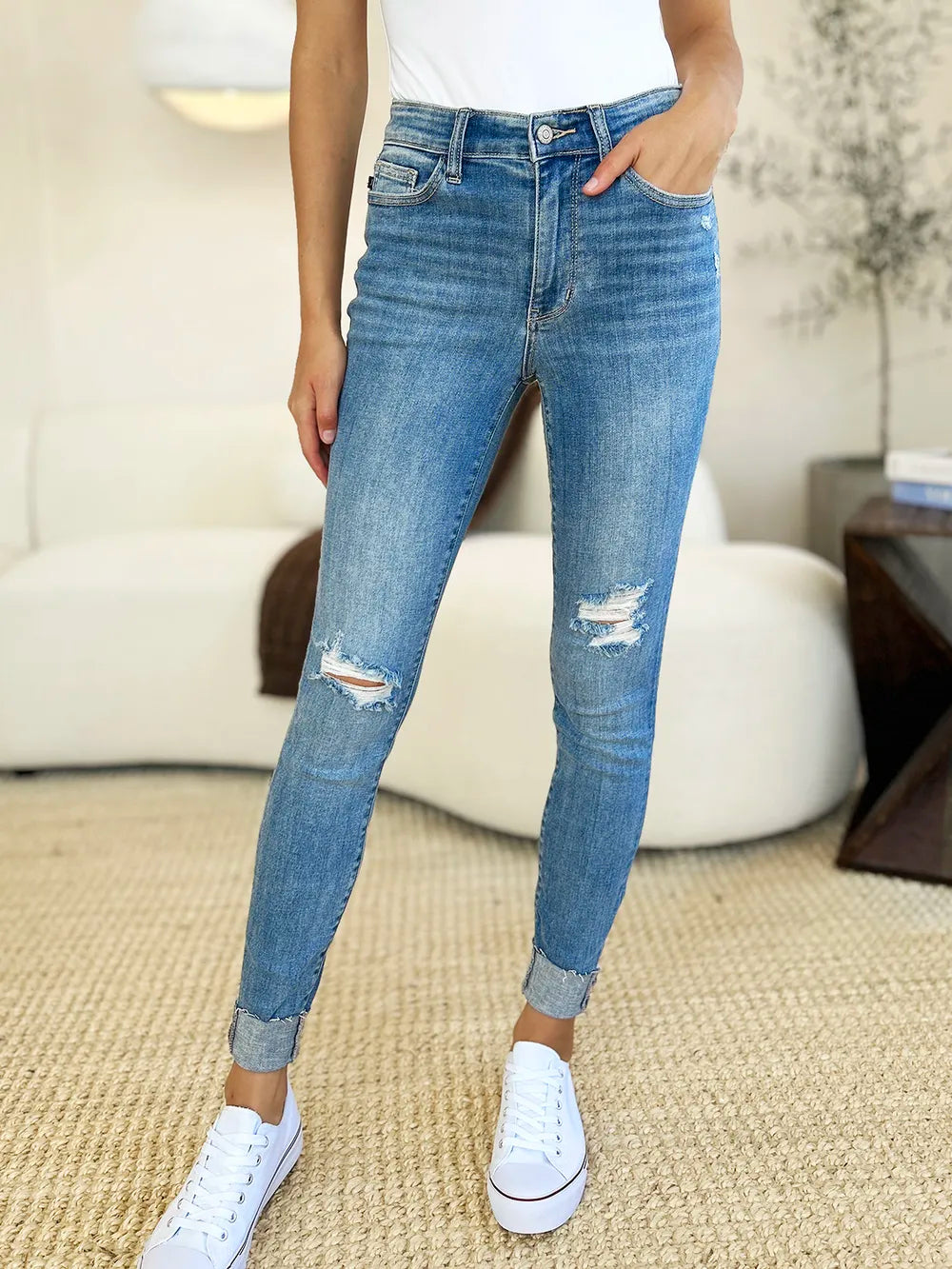 Judy Blue Full Size Mid Rise Destroy & Cuff Skinny Jeans Medium view 7 (bottom) - judy blue jeans, judy - shop at us.meeeshop