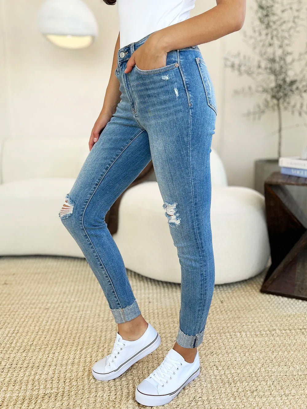 Judy Blue Full Size Mid Rise Destroy & Cuff Skinny Jeans Medium view 8 (bottom) - judy blue jeans, judy - shop at us.meeeshop