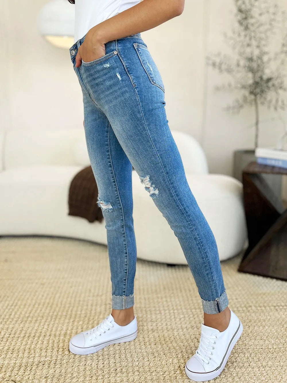 Judy Blue Full Size Mid Rise Destroy & Cuff Skinny Jeans Medium view 9 (bottom) - judy blue jeans, judy - shop at us.meeeshop