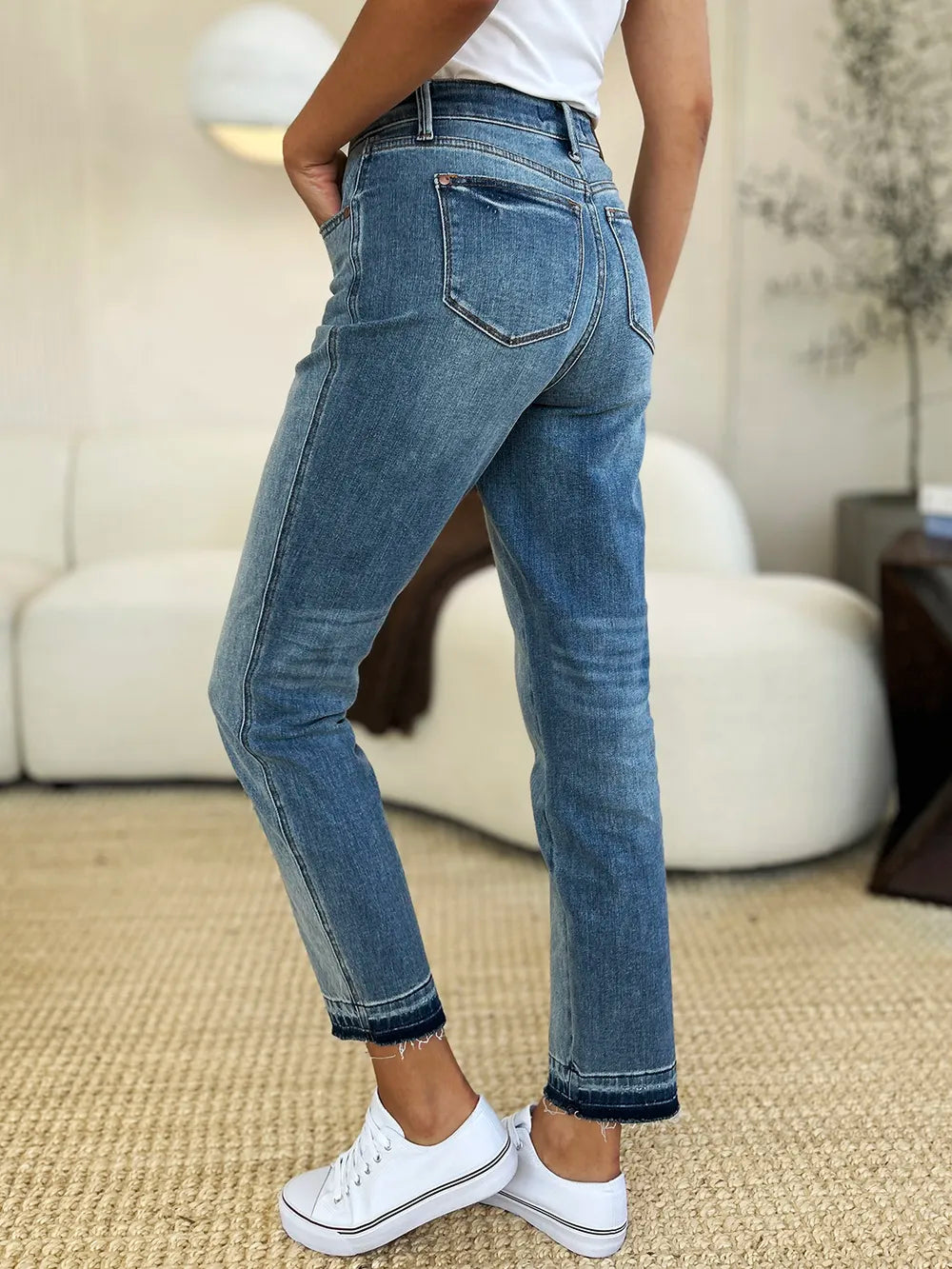 Judy Blue Full Size Mid Rise Rigid Magic Release Hem Jeans in Medium view 2 - Judy Blue Jeans (bottom)