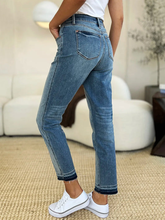Judy Blue Full Size Mid Rise Rigid Magic Release Hem Jeans in Medium view 2 - Judy Blue Jeans (bottom)