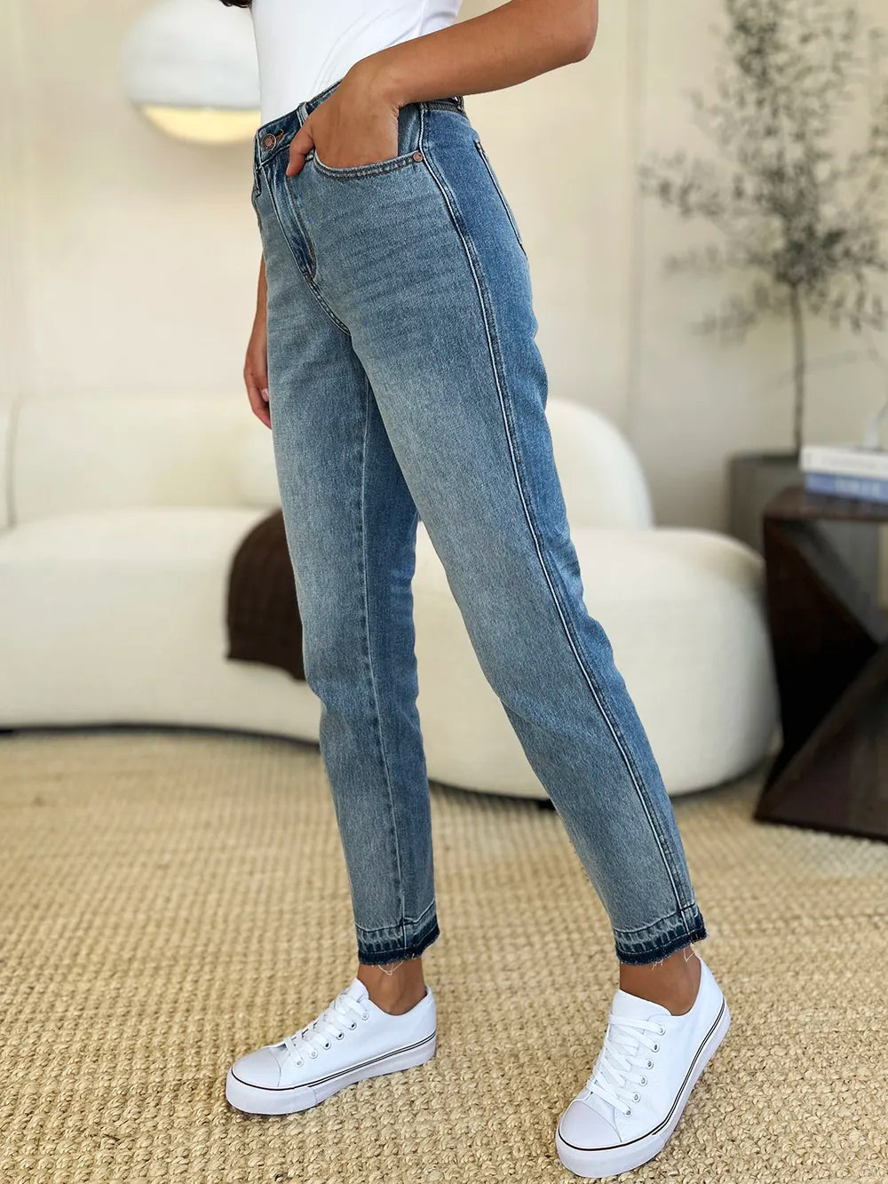 Judy Blue Full Size Mid Rise Rigid Magic Release Hem Jeans in Medium view 5 - Judy Blue Jeans (bottom)