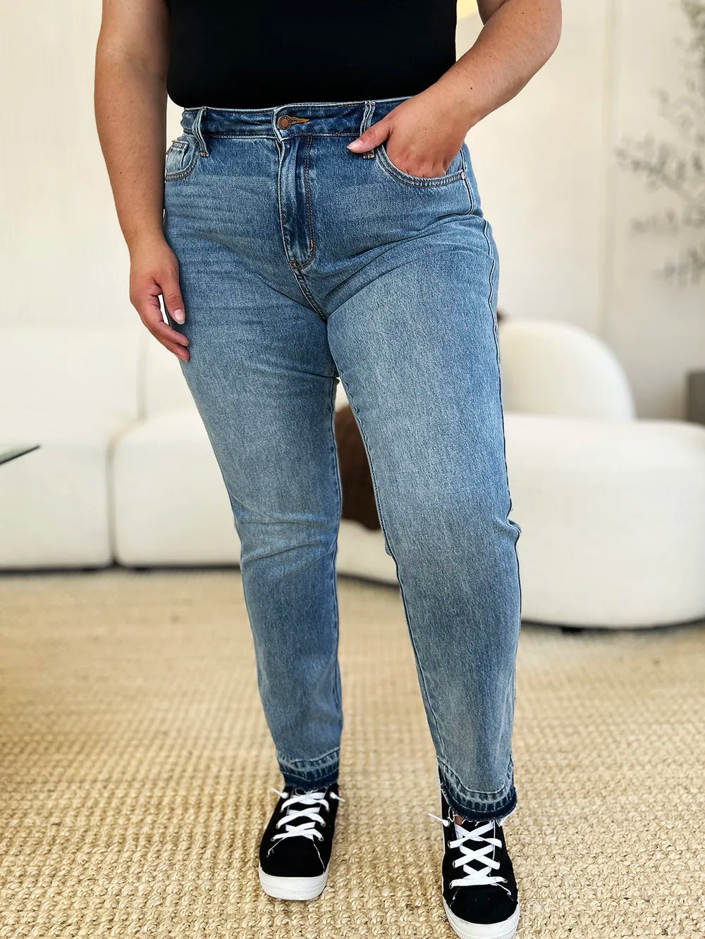 Judy Blue Full Size Mid Rise Rigid Magic Release Hem Jeans in Medium view 9 - Judy Blue Jeans (bottom)