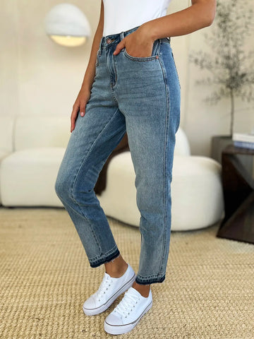 Judy Blue Full Size Mid Rise Rigid Magic Release Hem Jeans - MeeeShop Women's Fashion