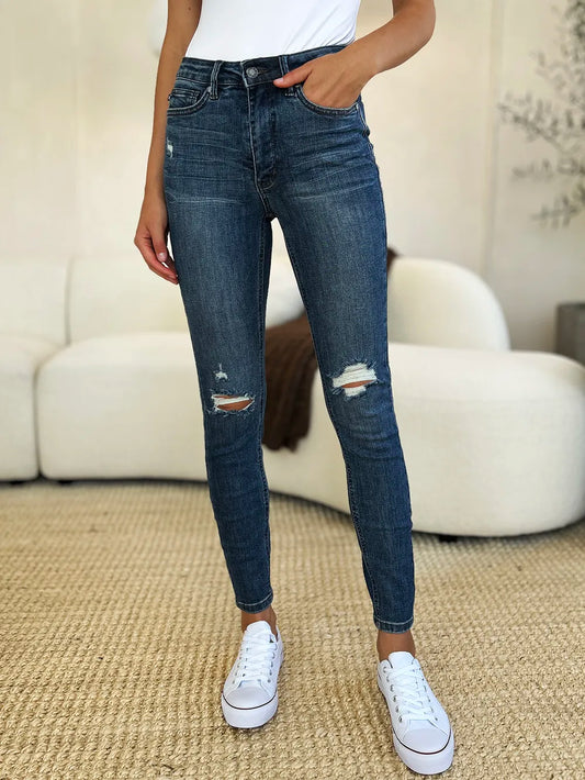 Judy Blue Full Size Mid Waist Distressed Slim Jeans in Dark - Judy Jeans (bottom)