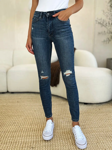 Judy Blue Full Size Mid Waist Distressed Slim Jeans - MeeeShop Women's Fashion