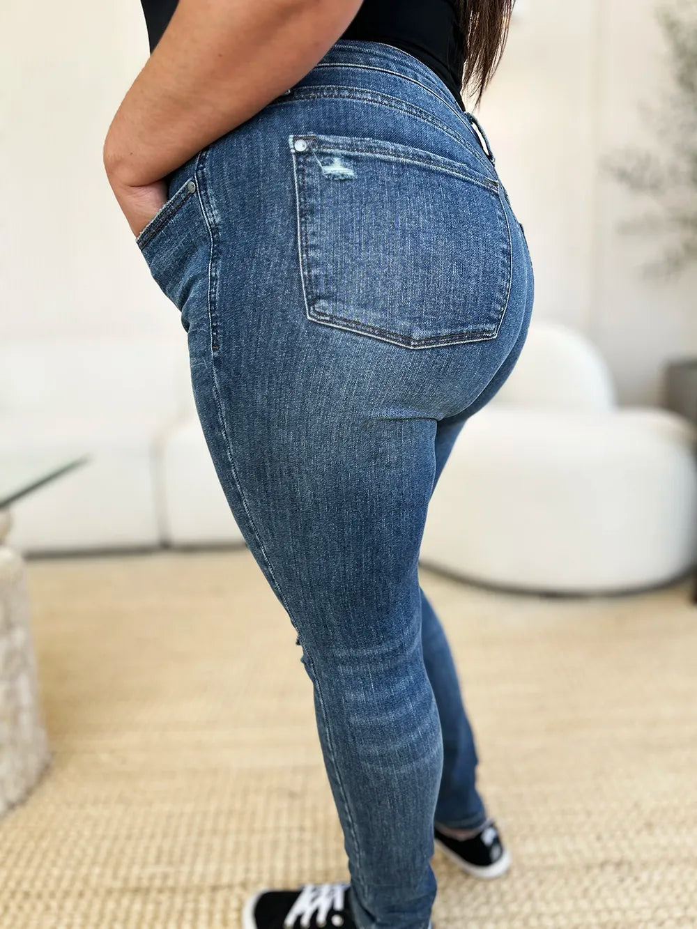 Judy Blue Full Size Mid Waist Distressed Slim Jeans - MeeeShop Women's Fashion