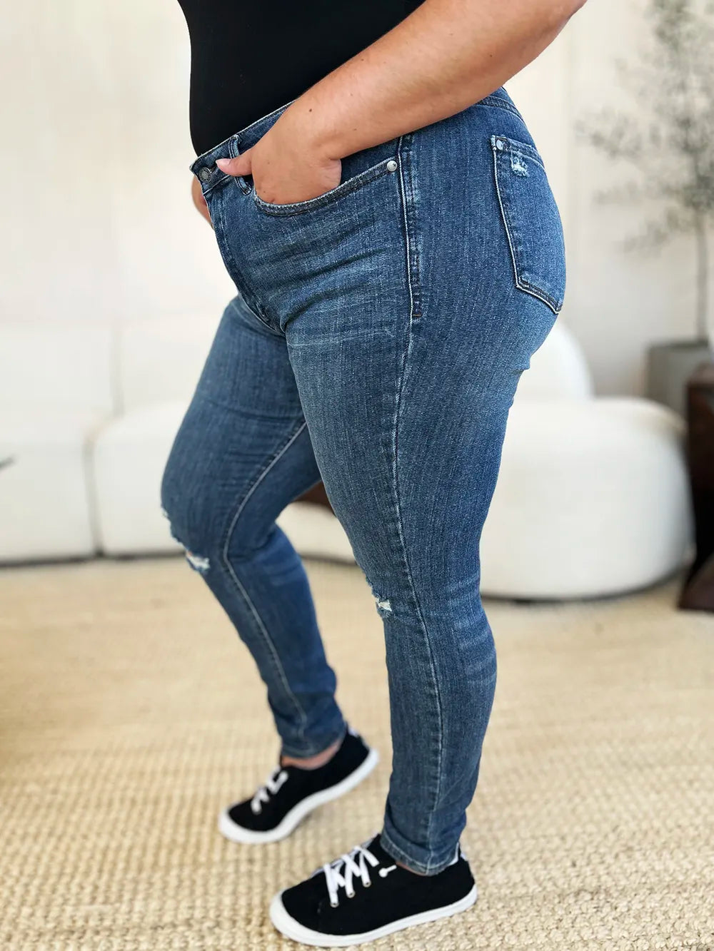 Judy Blue Full Size Mid Waist Distressed Slim Jeans - MeeeShop Women's Fashion