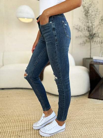 Judy Blue Full Size Mid Waist Distressed Slim Jeans - MeeeShop Women's Fashion