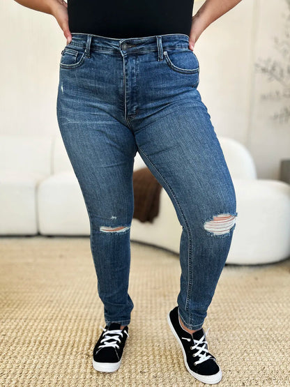 Judy Blue Full Size Mid Waist Distressed Slim Jeans - MeeeShop Women's Fashion