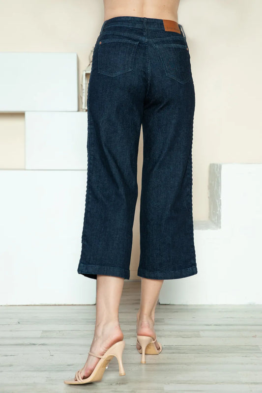 Judy Blue Full Size Side Seam Braid Detail Crop Wide Leg Jeans in Dark view 2 - Judy Jeans (bottom)