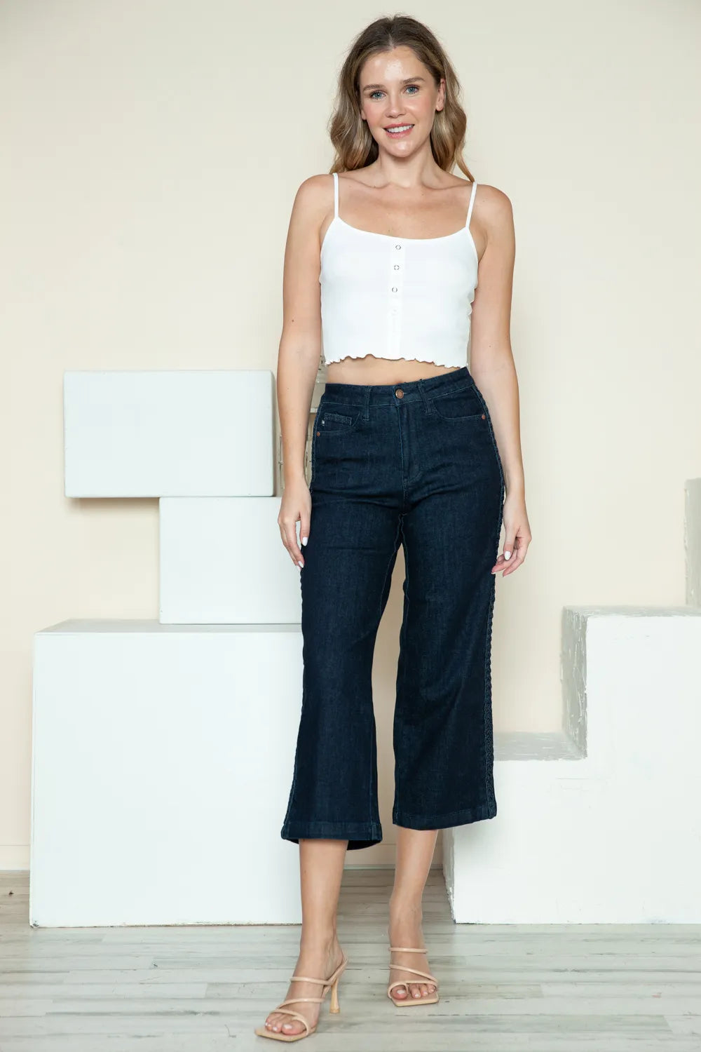 Judy Blue Full Size Side Seam Braid Detail Crop Wide Leg Jeans - MeeeShop Women's Fashion