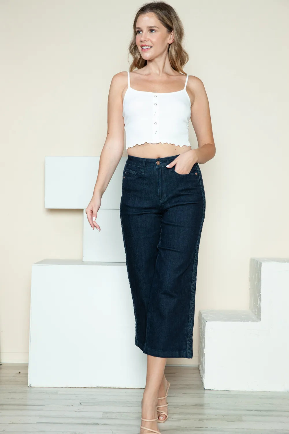 Judy Blue Full Size Side Seam Braid Detail Crop Wide Leg Jeans - MeeeShop Women's Fashion
