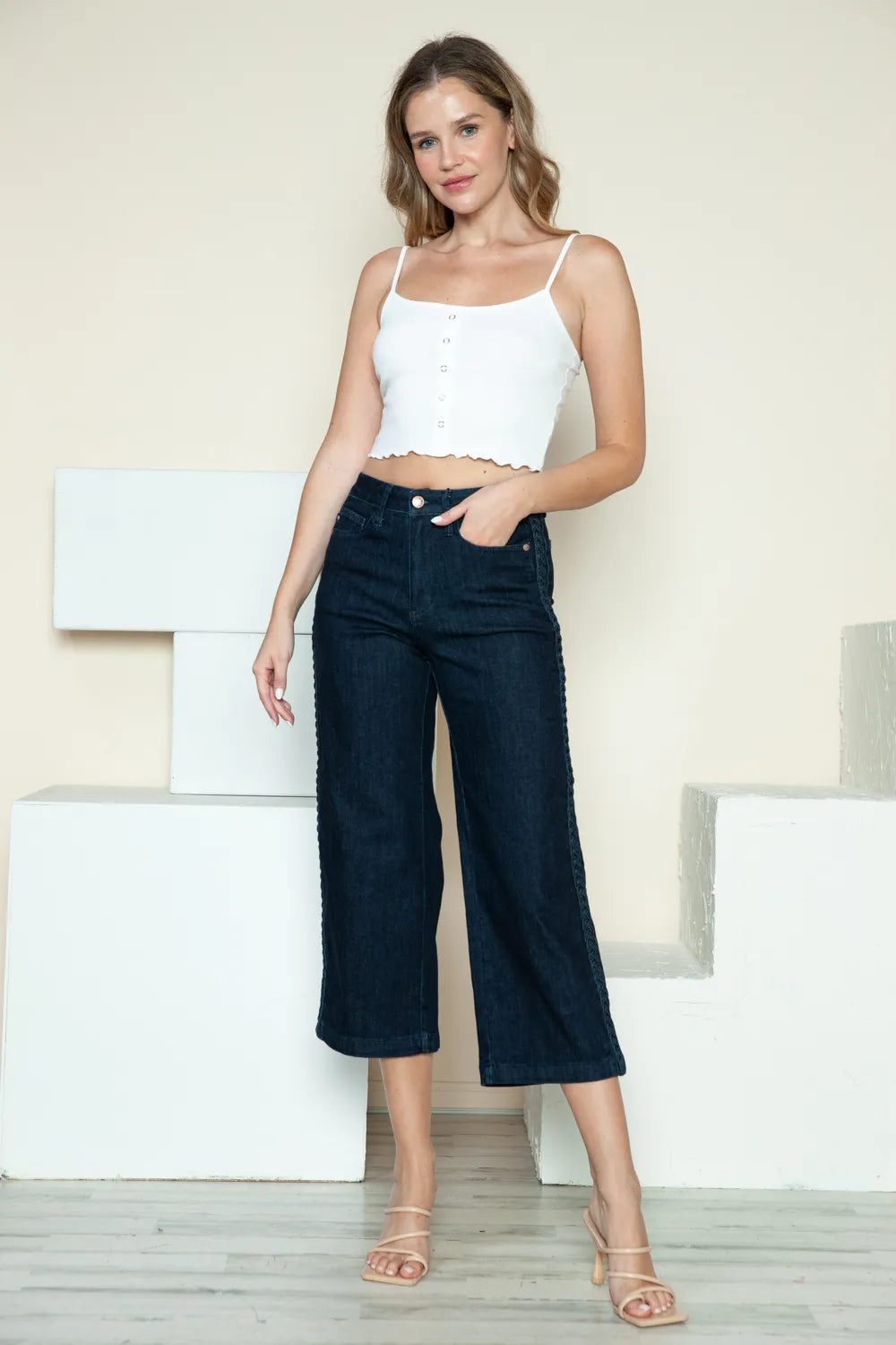 Judy Blue Full Size Side Seam Braid Detail Crop Wide Leg Jeans - MeeeShop Women's Fashion