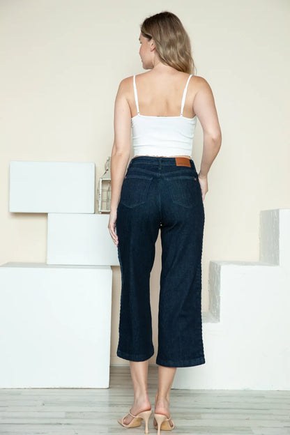 Judy Blue Full Size Side Seam Braid Detail Crop Wide Leg Jeans - MeeeShop Women's Fashion