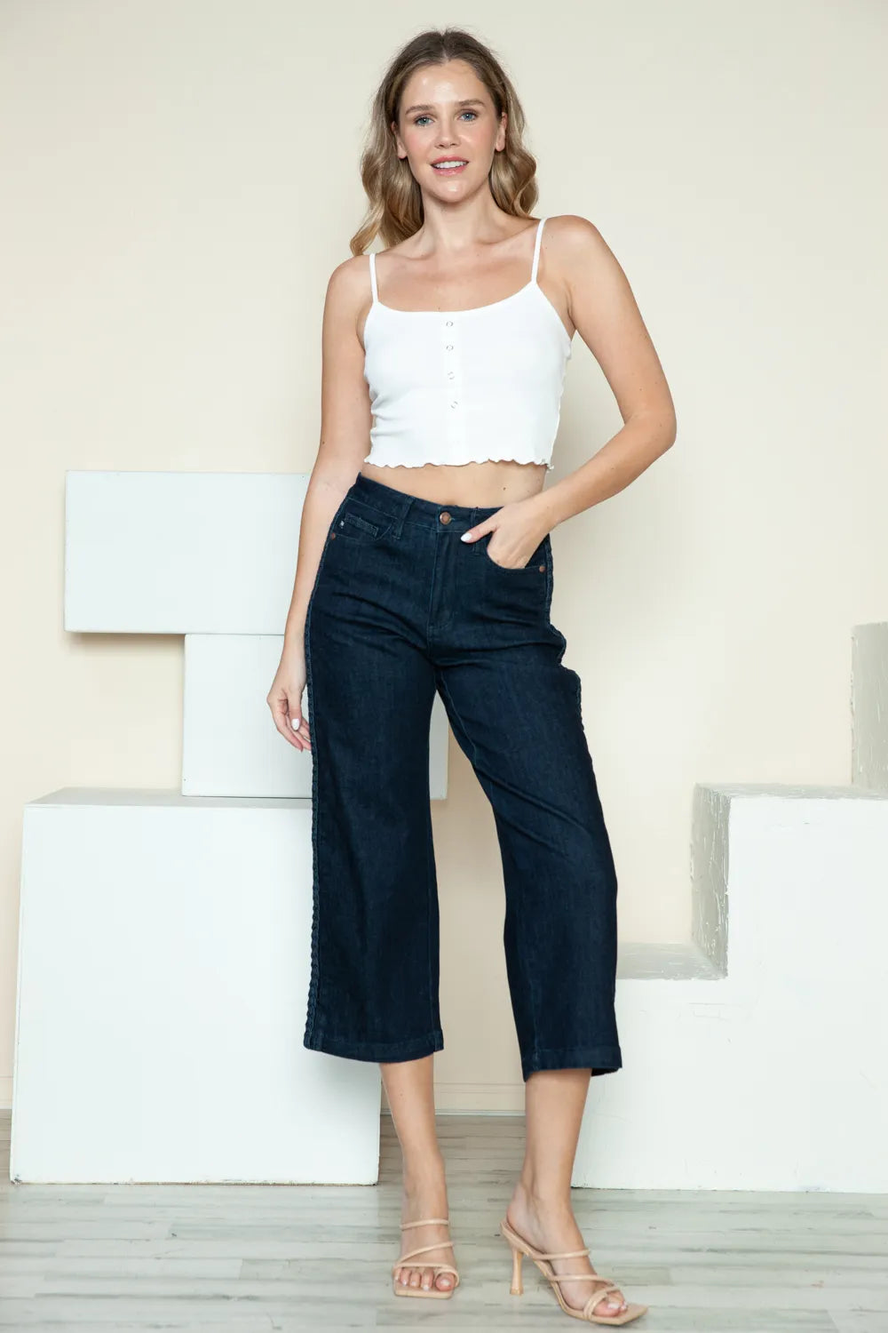 Judy Blue Full Size Side Seam Braid Detail Crop Wide Leg Jeans - MeeeShop Women's Fashion