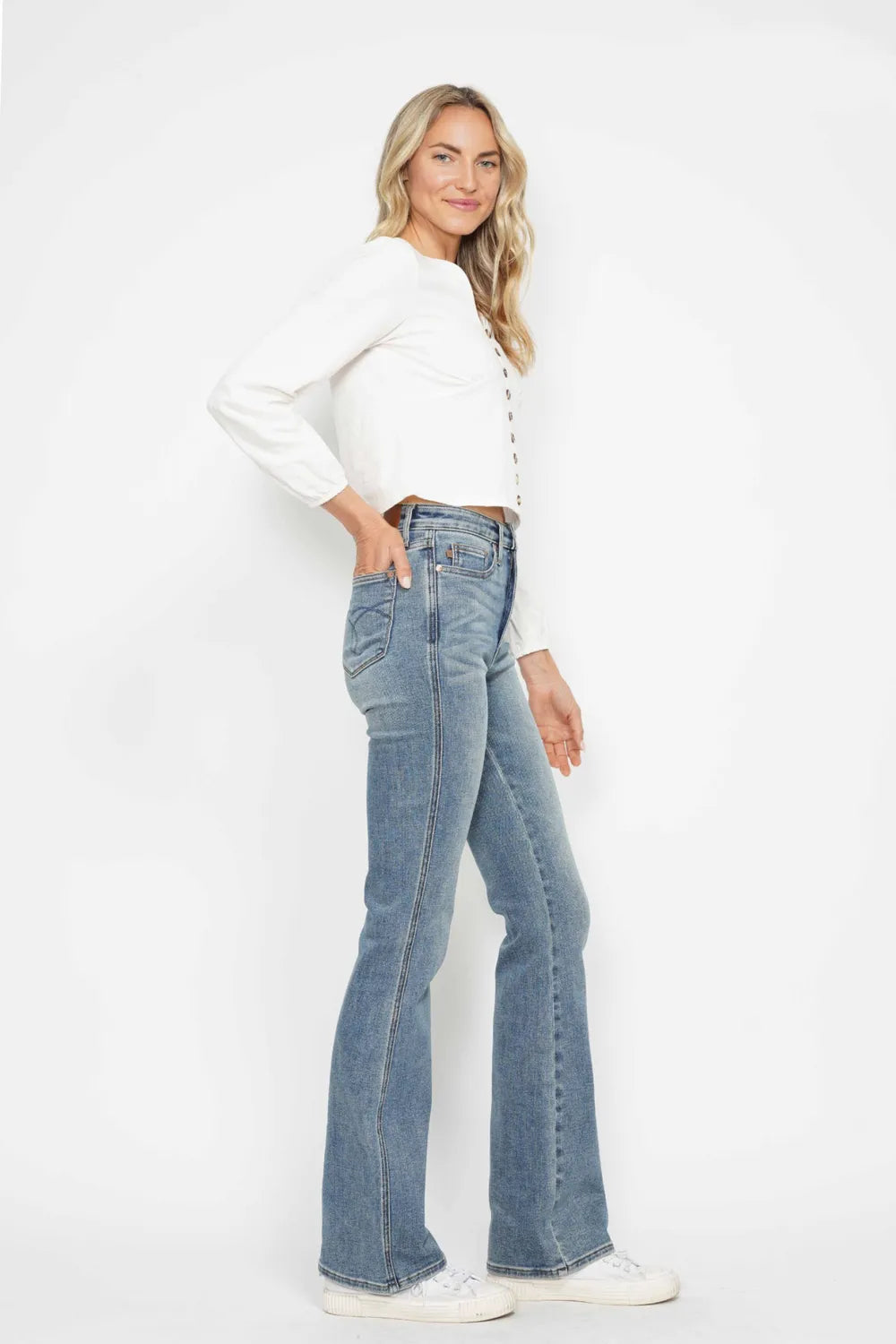 Judy Blue Full Size Tummy Control Back Embroidered Pocketed Bootcut Jeans plus Size - MeeeShop Women's Fashion