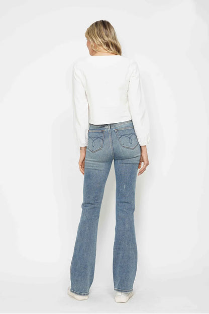 Judy Blue Full Size Tummy Control Back Embroidered Pocketed Bootcut Jeans plus Size - MeeeShop Women's Fashion