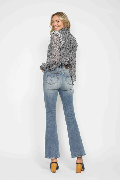 Judy Blue Full Size Tummy Control Back Embroidered Pocketed Bootcut Jeans plus Size - MeeeShop Women's Fashion